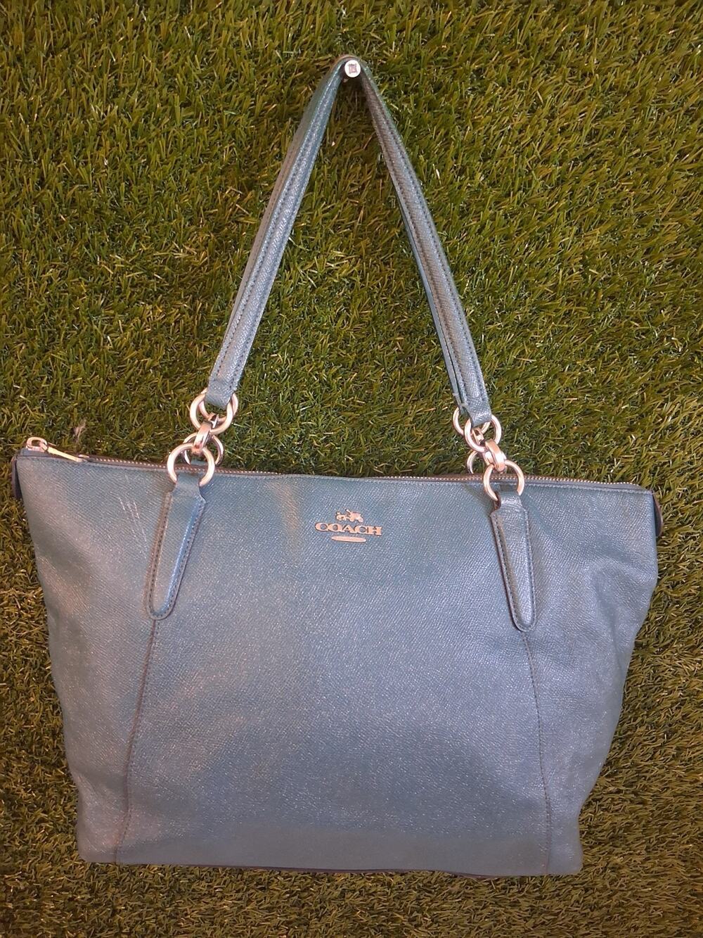 COACH Gallery Tote Saffiano Leather Teal Blue Green Shoulder Bag Purse F57522